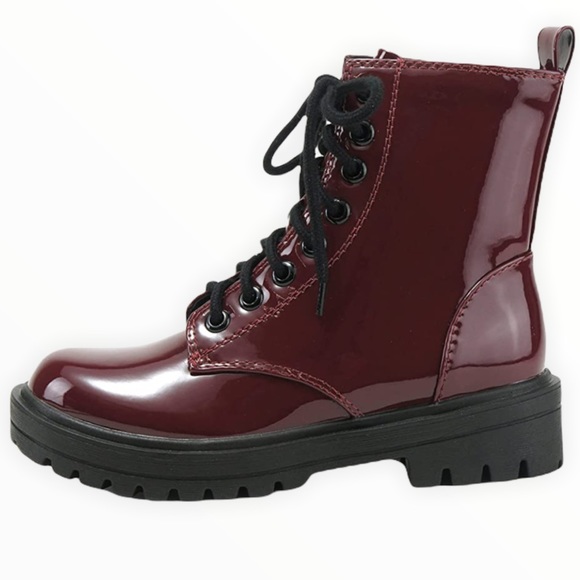 Burgundy Lace Up Combat Boots - Picture 2 of 7